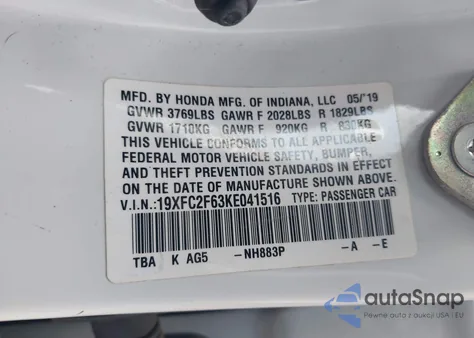 2019 Honda Civic Lx z USA, uszkodzony, nr VIN 19XFC2F63KE041516